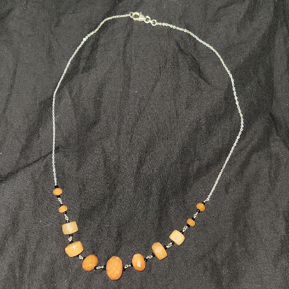 Natural Peach Agate and Black Spinel Beaded 925 Sterling Silver Necklace 20 In